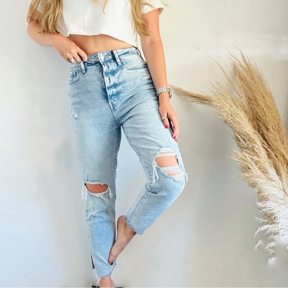NEW OLD NAVY Light Acid Wash Blue High Rise Straight  Distressed Denim Jeans 8